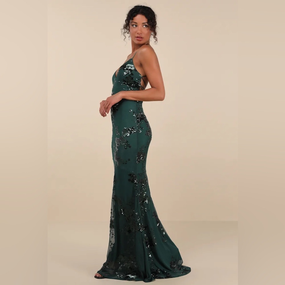 Lulus Valhalla Forest Green Sequin Lace-Up Maxi Dress - Picture 4 of 7